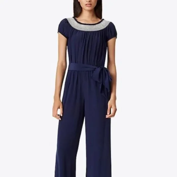 Tory Burch Smocked Off Shoulder Misty Silk Navy Tie Waist Jumpsuit